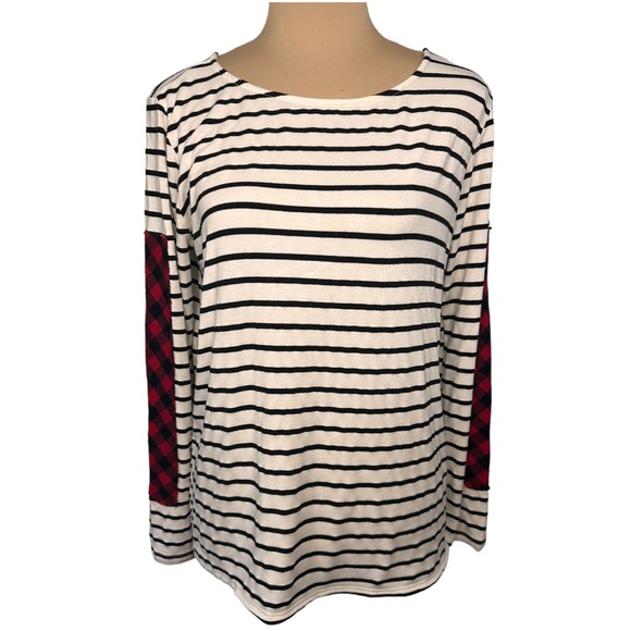 Le Lis Striped With Flannel Patchwork Crew Neck Shirt, Size S - Picture 1 of 5
